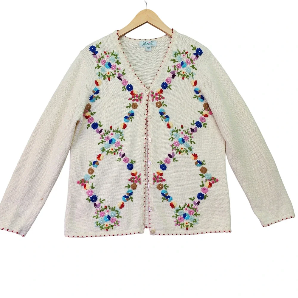Haband Sweater Women’s Large Embroidered Floral Button-Up Cardigan Cottagecore - Picture 9 of 16